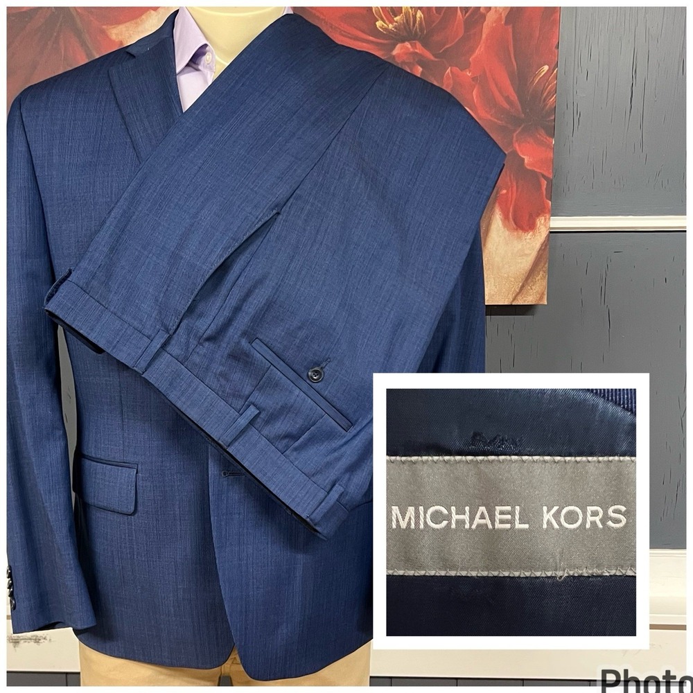 Michael Kors Suit Mens 44S Short Wool Blend Stretch Pants 36x29 Blue